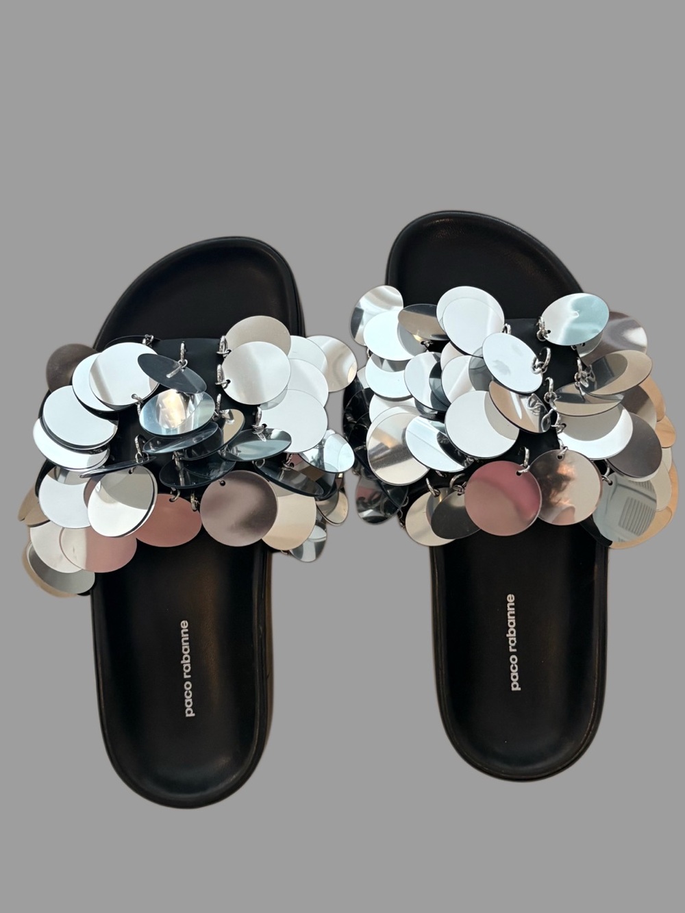 Paco Rabanne Black Slide Sandals with Silver Sequin Discs